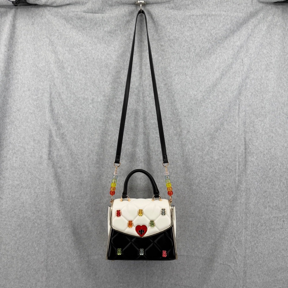 Betsey Johnson Gummy Bear Quilted Satchel Crossbody Bag Black White Rainbow Hear - Picture 2 of 13